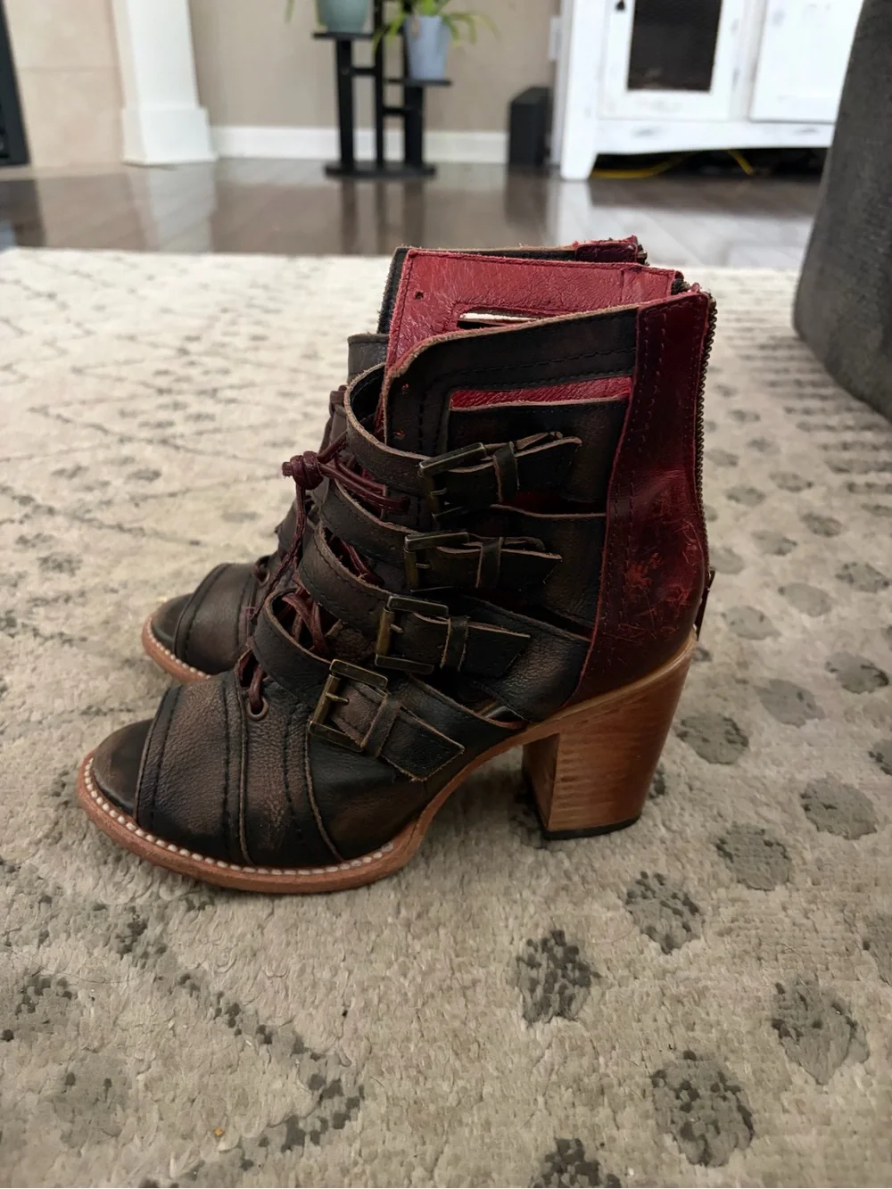Freebird by Steven Black and Dark Red Open-Toe Lace-Up Ankle Booties